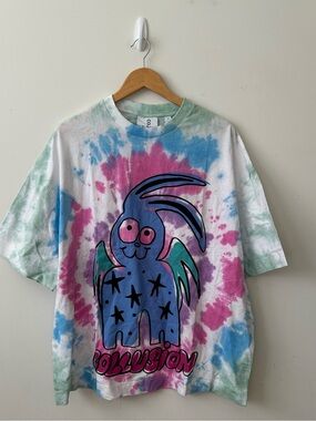 COLLUSION Mens Medium Blue Tie Dye Bleach Logo Graphic Crew Neck T Shirt Cotton